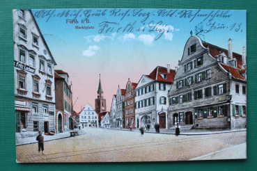 AK Fürth / 1916 / Marktplatz / Gasthaus zum Goldenen Schwan / Geschäft Fritz Lechner / Strassenansicht Architektur